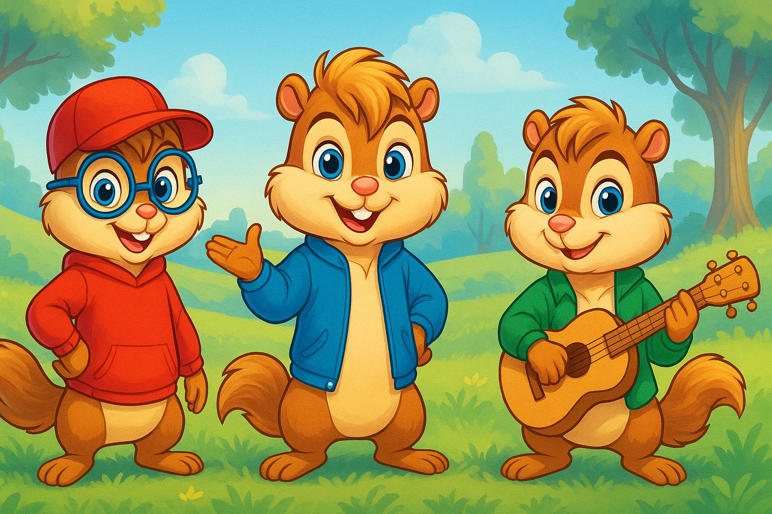Kolorowa, pozioma ilustracja w stylu kreskówkowym przedstawiająca trzech uśmiechniętych wiewiórczych chłopców w kolorowych ubraniach. Jeden gra na gitarze, drugi stoi z rękami na biodrach, a trzeci w okularach macha ręką. Tło: zielona łąka, drzewa i jasne niebo z delikatnymi chmurami.