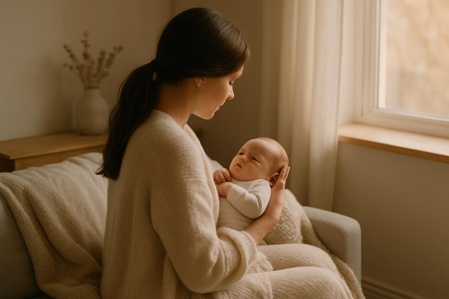 Młoda mama w ciepłym, przytulnym wnętrzu siedzi na fotelu przy oknie, trzymając niemowlę w ramionach. Oboje są ubrani w jasne, miękkie tkaniny, a pokój oświetlony jest delikatnym światłem dziennym.
