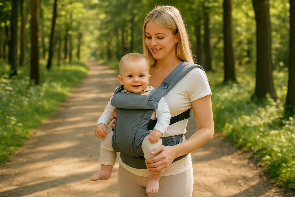 Realistyczne, poziome zdjęcie przedstawiające młodą blondynkę w jasnych legginsach spacerującą po lesie w słoneczny dzień. Kobieta niesie swoje dziecko w ergonomicznym nosidle, trzymając je blisko piersi. Obie postacie są oświetlone ciepłym światłem, a w tle widać zielone drzewa, ścieżkę leśną i naturalny cień rzucany przez liście.