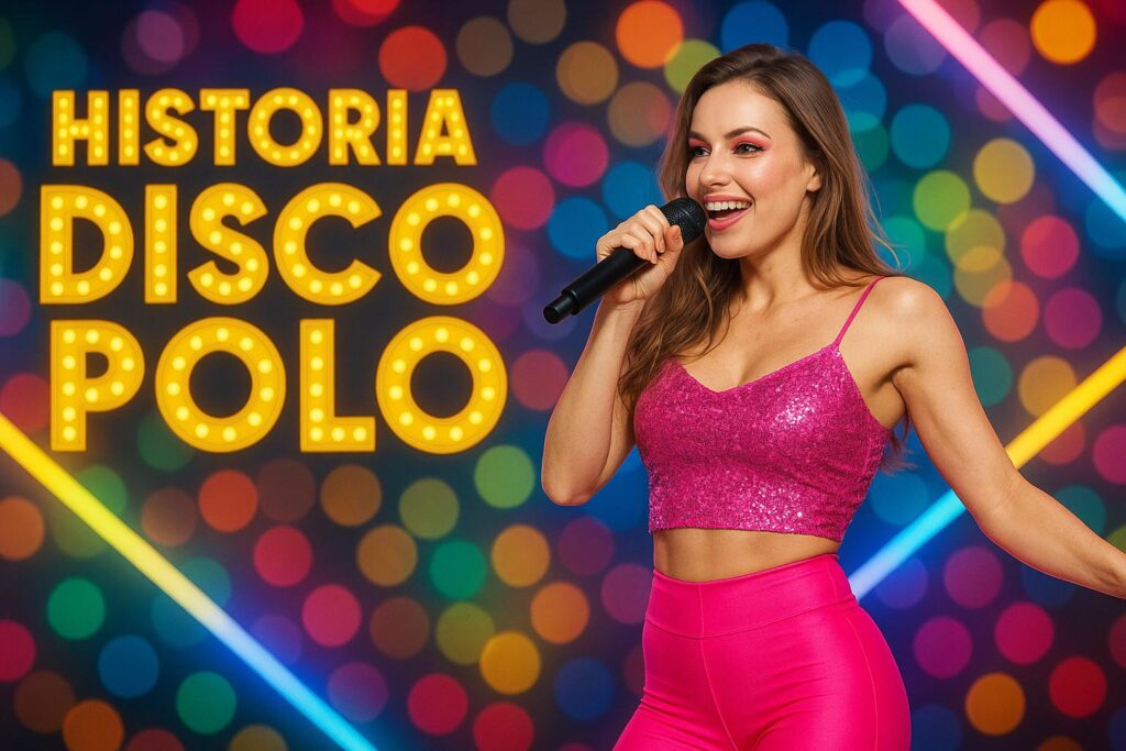 Piosenkarka w różowym błyszczącym topie i obcisłych różowych legginsach śpiewa na tle kolorowych świateł scenicznych, obok napisu "Historia Disco Polo".