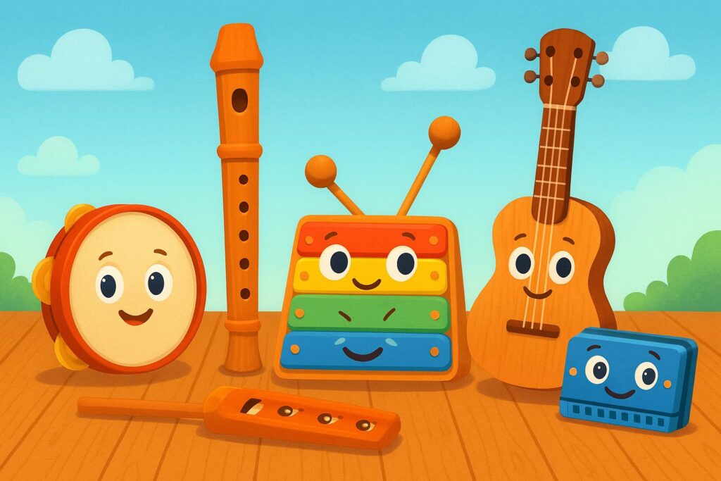 Bajkowa ilustracja przedstawiająca pięć muzycznych instrumentów jako radosne, animowane postacie z dużymi oczami i uśmiechami: bębenek, flet, cymbałki, gitara i harmonijka. Stoją na drewnianej podłodze w kolorowej scenerii z błękitnym niebem, chmurkami i zielonymi krzaczkami w tle.