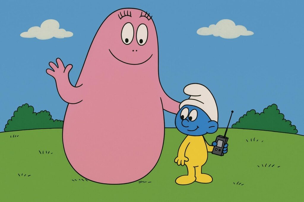 Ilustracja w stylu klasycznej animacji 2D przedstawia Barbapapę – dużą, różową, owalną postać z uśmiechem i długimi rzęsami – stojącą na zielonej łące pod błękitnym niebem. Obok niej stoi niebieski stworek w żółtym kombinezonie i białej czapce, przypominający Smerfa, trzymający krótkofalówkę. Obie postacie uśmiechają się, a Barbapapa kładzie rękę na głowie towarzysza.