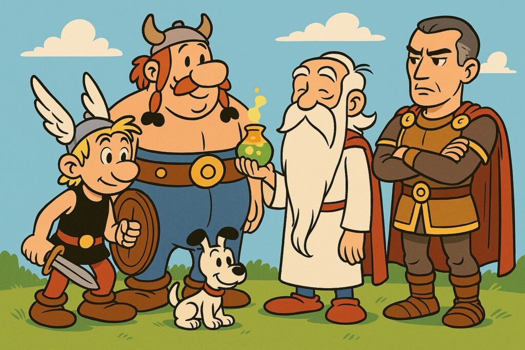 Ilustracja w stylu retro komiksu przedstawia czterech bohaterów: blond wojownika z mieczem, pulchnego mężczyznę z warkoczami, starca z brodą trzymającego fiolkę oraz surowo wyglądającego wojskowego w stroju rzymskim; obok nich stoi mały biały pies. W tle zielona łąka i błękitne niebo.