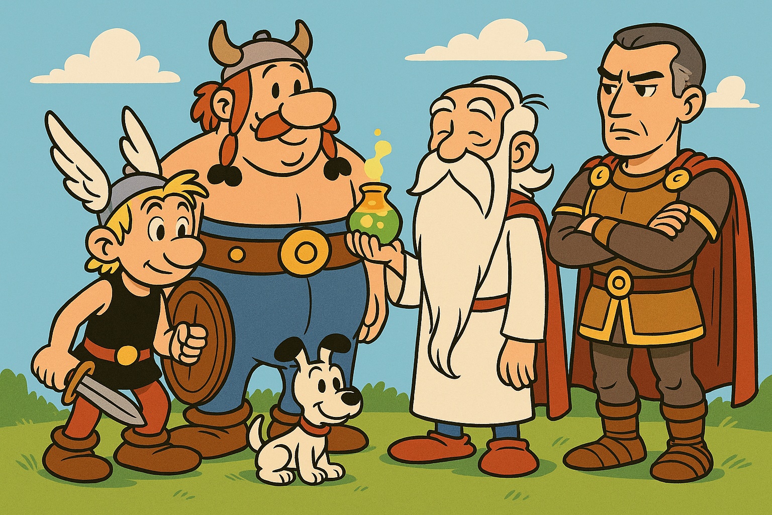 Ilustracja w stylu retro komiksu przedstawia czterech bohaterów: blond wojownika z mieczem, pulchnego mężczyznę z warkoczami, starca z brodą trzymającego fiolkę oraz surowo wyglądającego wojskowego w stroju rzymskim; obok nich stoi mały biały pies. W tle zielona łąka i błękitne niebo.