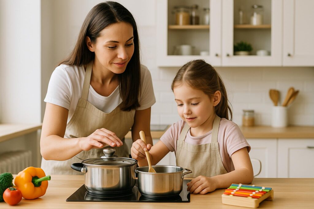 Mama i jej kilkuletnia córka wspólnie gotują w jasnej, nowoczesnej kuchni. Mama w białej koszulce uśmiecha się, patrząc na garnek, a dziewczynka w różowej bluzce stoi na stołku i miesza składniki. W tle widać uporządkowane półki z przyprawami i świeże warzywa na blacie, całość oświetlona ciepłym, naturalnym światłem.