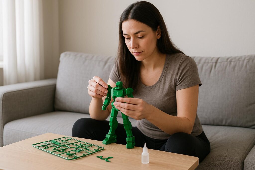 Młoda brunetka, około 30 lat, w obcisłych legginsach siedzi na jasnej sofie i z pełnym skupieniem klei zielonego, plastikowego robota na stoliku w nowoczesnym, jasnym wnętrzu.