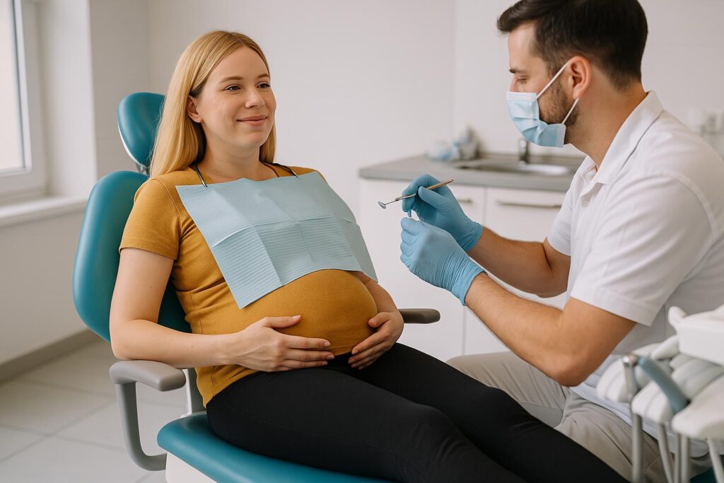 Kobieta w zaawansowanej ciąży siedzi na fotelu dentystycznym w jasnym, nowoczesnym gabinecie. Ubrana w legginsy i luźną bluzkę, spokojnie poddaje się badaniu, trzymając rękę na brzuchu. Obok dentysta pochyla się, koncentrując na jej uzębieniu.