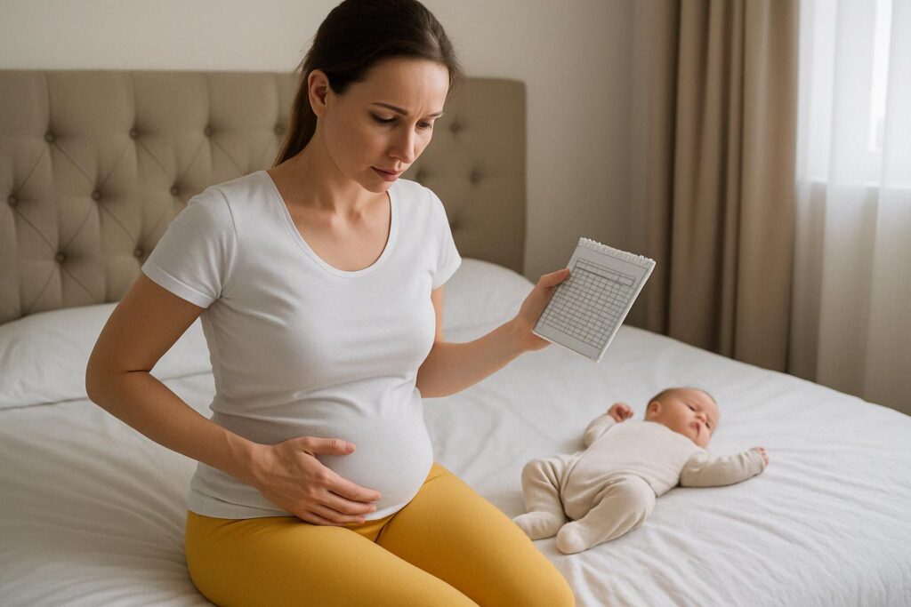 Młoda mama w żółtych legginsach i białej koszulce siedzi na łóżku w jasnym pokoju. Na jej kolanach spoczywa jedna dłoń, druga trzyma notatnik. Obok niej leży śpiące niemowlę w beżowym pajacyku. W tle widać beżowe zasłony i delikatne światło dzienne wpadające przez okno. Scena jest spokojna i domowa, pokazująca czuły moment poporodowy.
