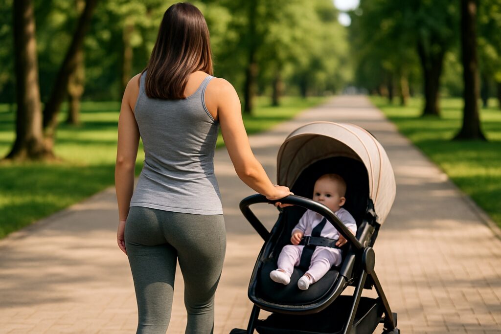 Młoda mama w szarych legginsach pcha wózek z niemowlęciem, trzymając centralną, zaokrągloną rączkę, podczas spaceru parkową aleją.
