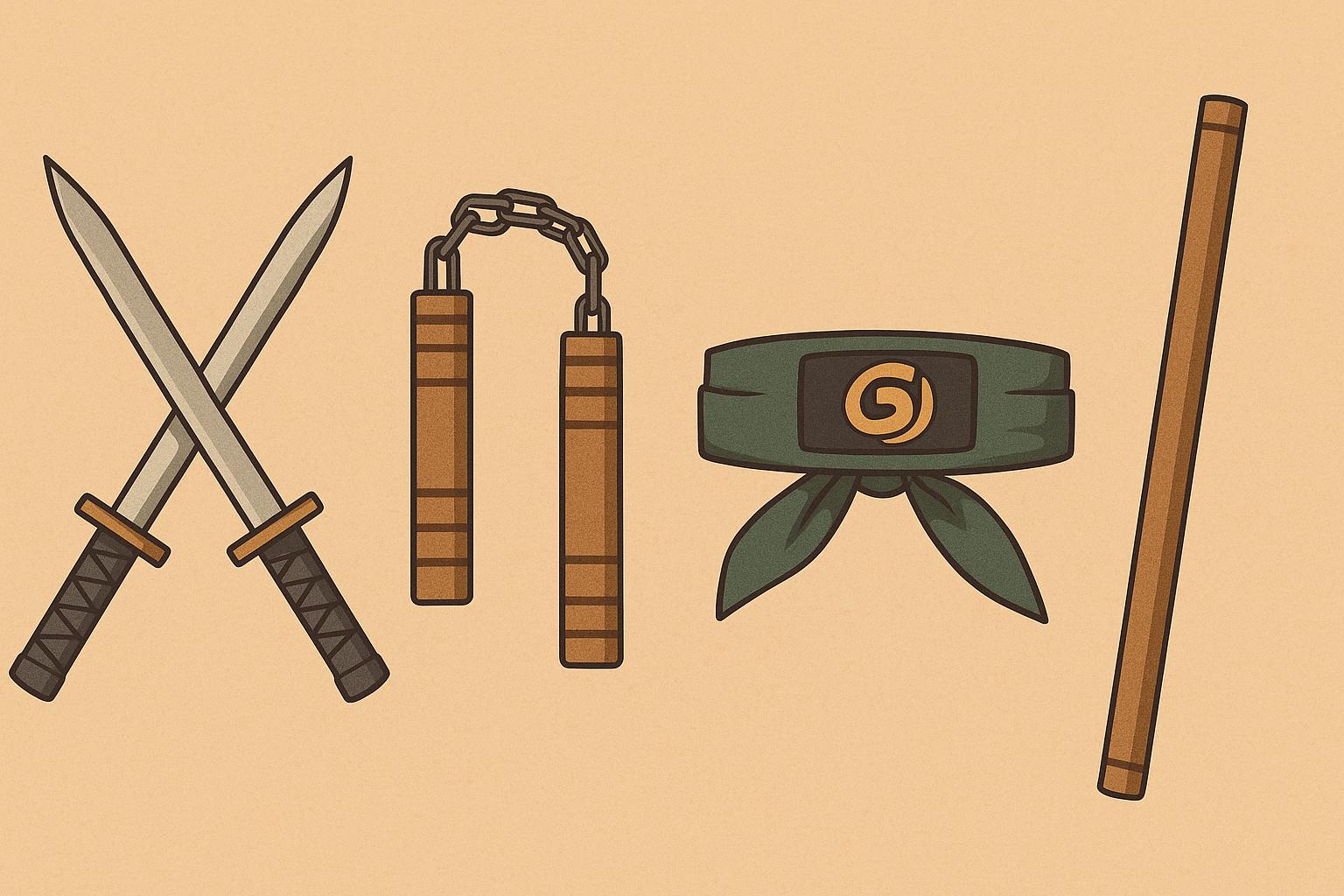 Ilustracja na ciepłym beżowym tle przedstawiająca z lewej dwie skrzyżowane katany, obok parę nunchaku, w centrum zieloną opaskę ninja ze złotym emblematem, a po prawej drewniany bo staff.