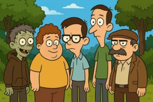 Ilustracja pięciu kreskówkowych chłopców o różnych charakterach: zombiak w zielonej czapce, pulchny chłopak w czerwonym t-shircie, chłopiec w okularach i niebieskiej koszulce, nerwowy chudziel z rozczochranymi włosami oraz starszy woźny w niebieskiej bluzie.