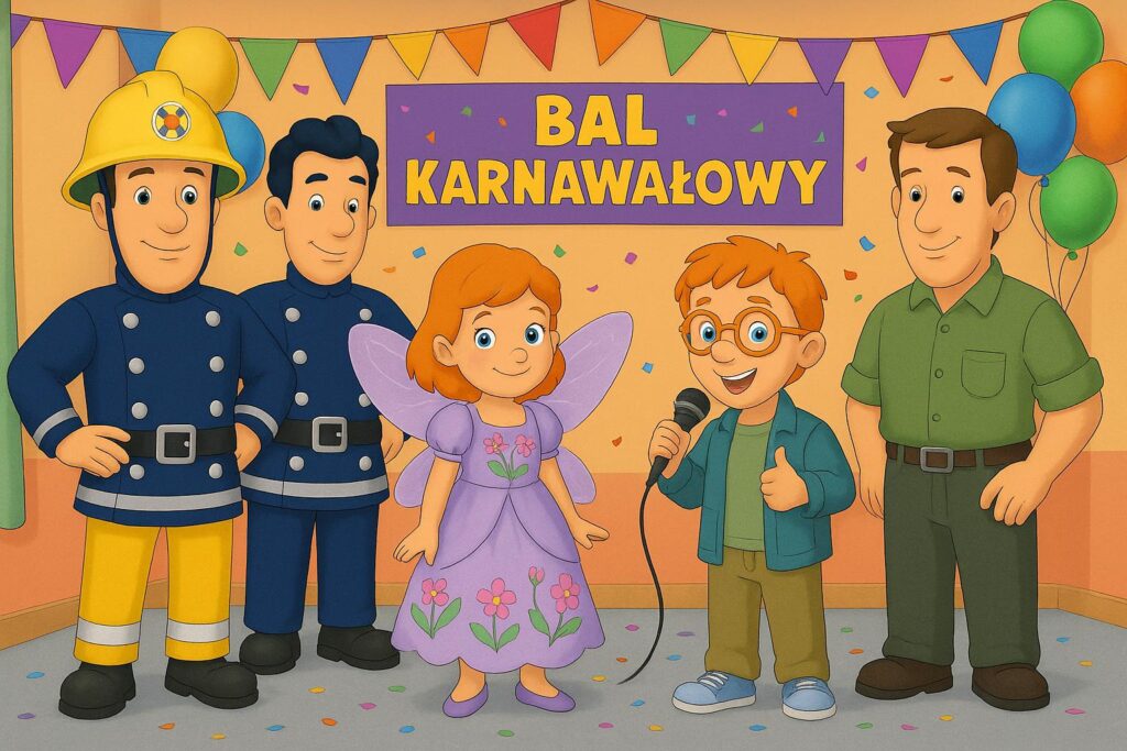 Kolorowa ilustracja w stylu bajkowym przedstawia pięć postaci stojących na tle dekoracji karnawałowych. Dwóch strażaków w granatowych mundurach i żółtych spodniach stoi obok dziewczynki przebranej za wróżkę w fioletowej sukience z kwiatami. Obok niej chłopiec z rudymi włosami i okularami trzyma mikrofon i pokazuje kciuk w górę. Po prawej stronie dorosły mężczyzna w zielonej koszuli. W tle girlanda z chorągiewkami i fioletowy baner z napisem „BAL KARNAWAŁOWY”. Całość utrzymana w radosnej, dziecięcej atmosferze.