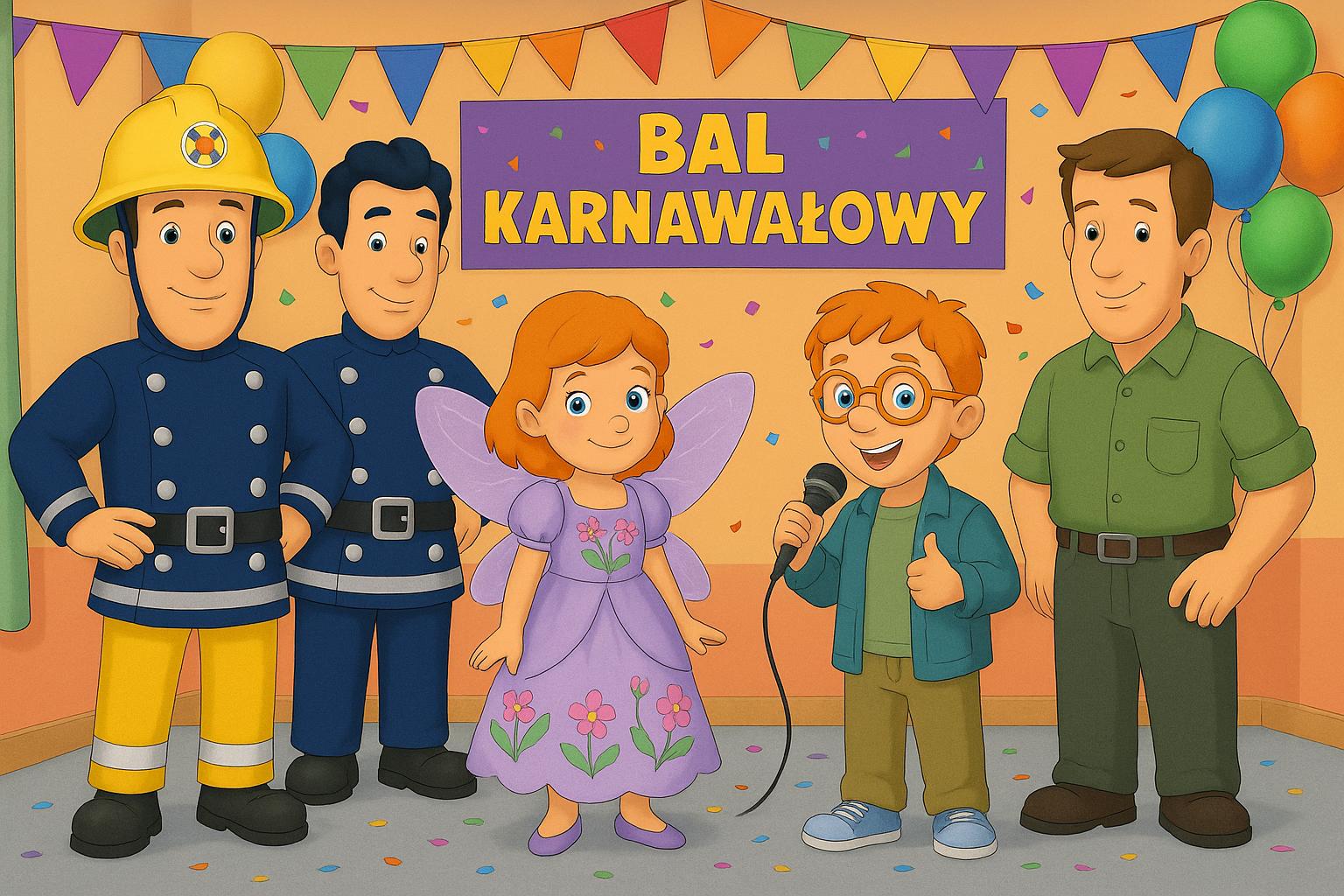 Kolorowa ilustracja w stylu bajkowym przedstawia pięć postaci stojących na tle dekoracji karnawałowych. Dwóch strażaków w granatowych mundurach i żółtych spodniach stoi obok dziewczynki przebranej za wróżkę w fioletowej sukience z kwiatami. Obok niej chłopiec z rudymi włosami i okularami trzyma mikrofon i pokazuje kciuk w górę. Po prawej stronie dorosły mężczyzna w zielonej koszuli. W tle girlanda z chorągiewkami i fioletowy baner z napisem „BAL KARNAWAŁOWY”. Całość utrzymana w radosnej, dziecięcej atmosferze.