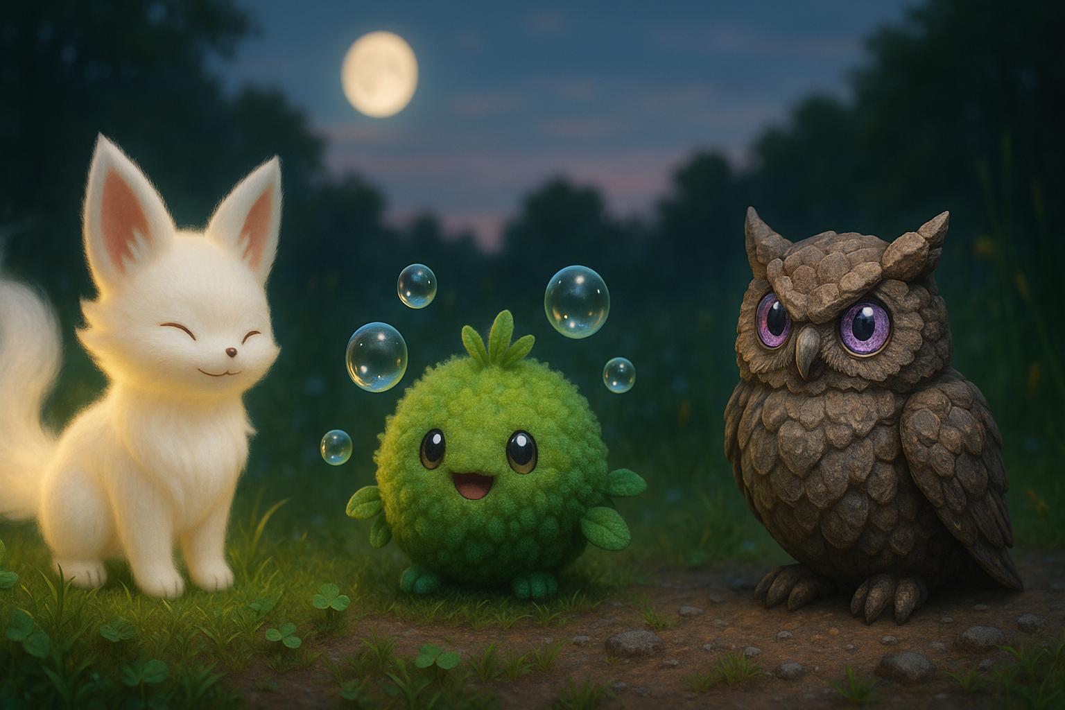 Trzy wymyślone stworzenia w stylu Pokémon stoją na łące o zmierzchu: biały, świetlisty lis (Fluffernox), zielona, bąbelkowa kulka przypominająca mech (Bubbador) i kamienna sowa z kryształowymi oczami (Craggowl); w tle pełnia księżyca i ciemniejące drzewa.