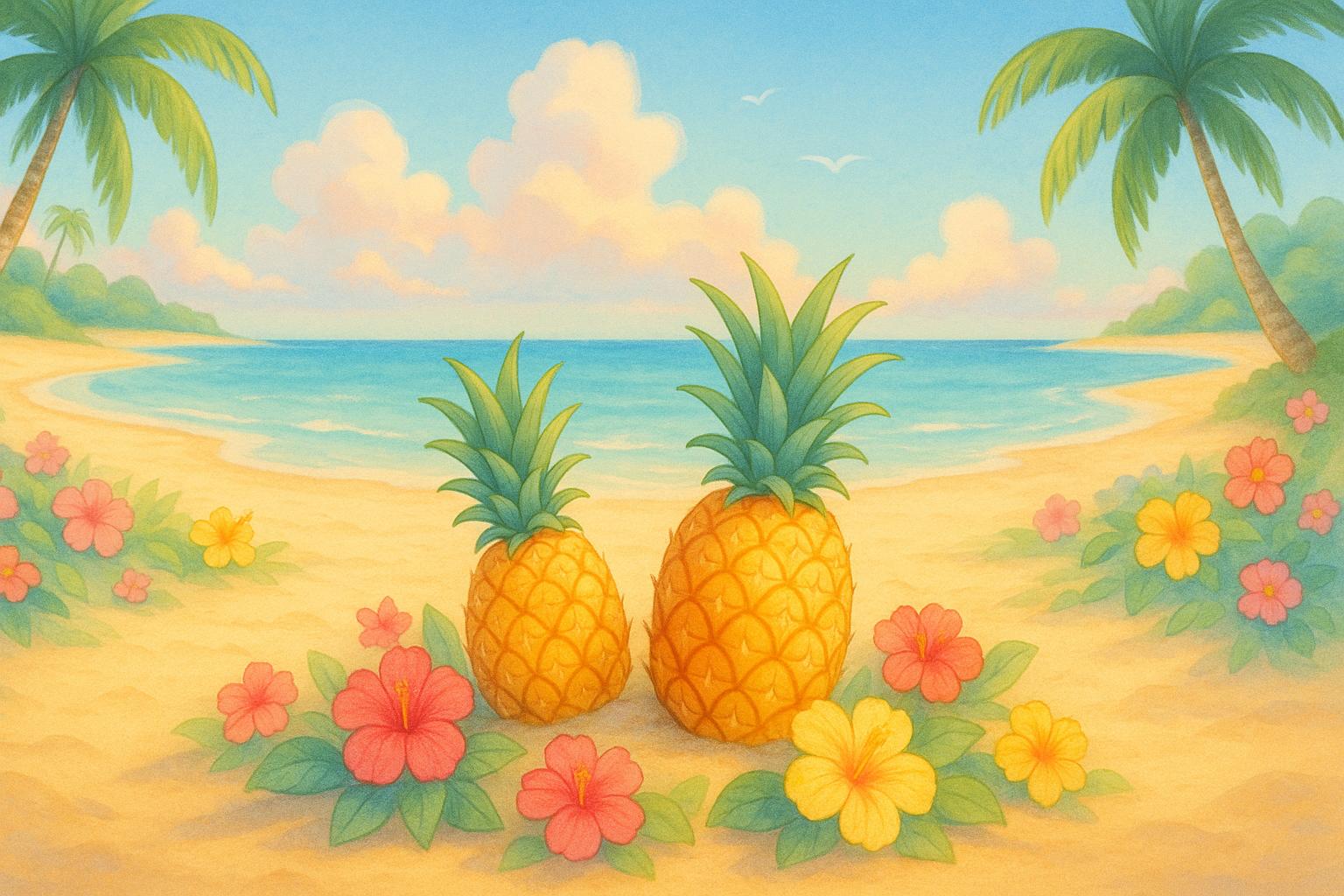 Bajkowa ilustracja tropikalnej plaży z turkusowym oceanem, żółtym piaskiem, palmami, dwoma ananasami oraz kolorowymi kwiatami hibiskusa na pierwszym planie. Całość w pastelowych, ciepłych barwach, w stylu przyjaznym dla dzieci.