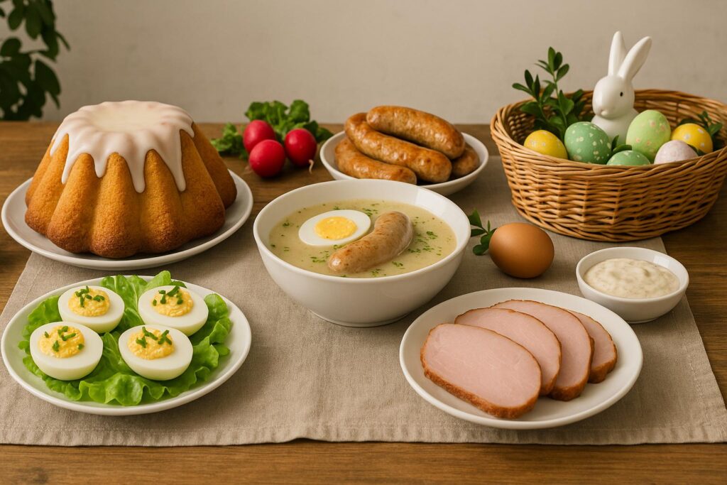 Tradycyjny polski stół wielkanocny, nakryty lnianym obrusem w jasnoszarym kolorze. Na stole znajdują się babka, jajka faszerowane, żurek, wędzona szynka oraz kolorowe dekoracje wielkanocne, w tym pisanki i figurka zajączka, tworząc ciepłą, świąteczną atmosferę.