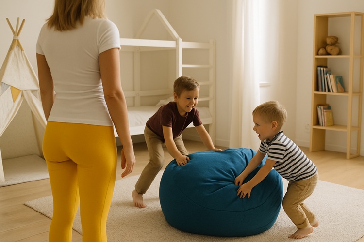 Mama patrzy od tyłu na dwóch chłopców bawiących się niebieską pufą w jasnym pokoju dziecięcym; starszy chłopiec pcha pufę w stronę młodszego, obaj uśmiechnięci.