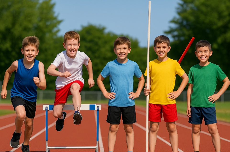 Pięciu uśmiechniętych chłopców na bieżni lekkoatletycznej prezentuje różne dyscypliny sportowe: sprint, bieg przez płotki, skok wzwyż, skok o tyczce i rzut oszczepem. Każdy z nich ubrany jest w kolorowy strój sportowy i trzyma odpowiedni sprzęt.