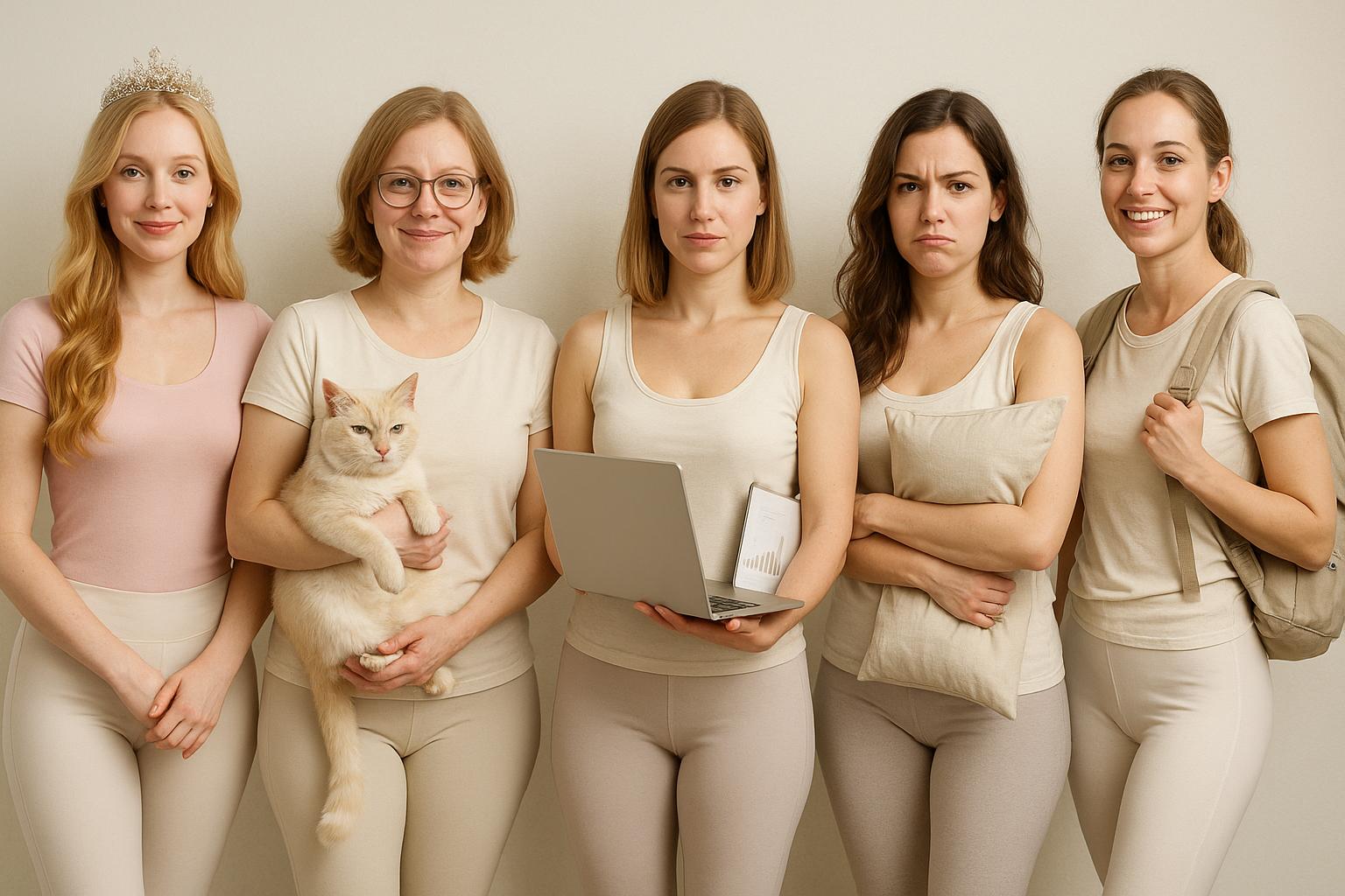 Pięć dorosłych kobiet stoi obok siebie na tle jasnej ściany, wszystkie ubrane w jasne legginsy i koszulki w pastelowych odcieniach. Od lewej: pierwsza ma długie blond włosy, koronę i różową bluzkę; druga trzyma białego kota i ma okulary oraz jasnobeżową koszulkę; trzecia patrzy poważnie, trzyma laptop i dokumenty, ubrana w kremową bokserkę; czwarta wygląda na zirytowaną, z poduszką w rękach; piąta uśmiechnięta, z plecakiem na ramieniu, gotowa na przygodę.