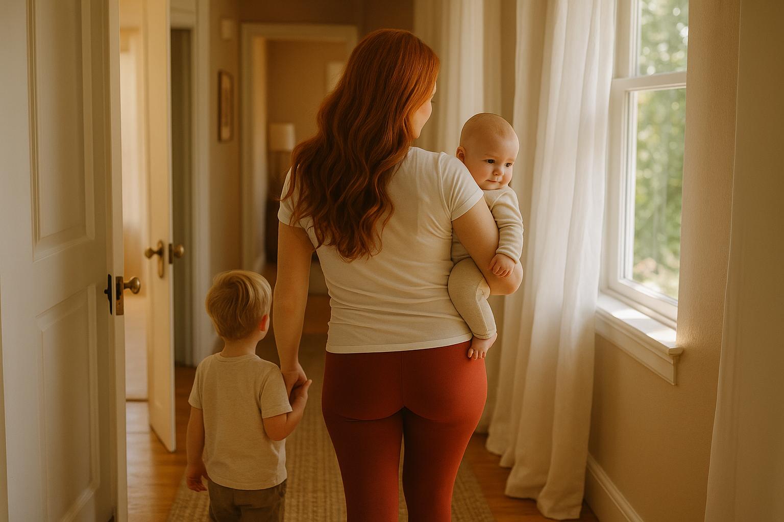 Mama z długimi rudymi włosami, ubrana w białą koszulkę i obcisłe czerwone legginsy, idzie korytarzem w domu, trzymając za rękę kilkuletnie dziecko i niosąc niemowlę na ręku. Widok od tyłu, przez okno wpada ciepłe, naturalne światło, a w tle widać otwarte drzwi i przytulne wnętrze mieszkania.