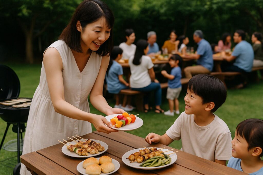 Kobieta podaje dziecku talerz z owocowymi szaszłykami podczas rodzinnego grillowania w ogrodzie. Na stole widoczne są kurczakowe yakitori, bułeczki i edamame, a w tle goście siedzą przy długim stole, rozmawiają i cieszą się wspólnym posiłkiem.