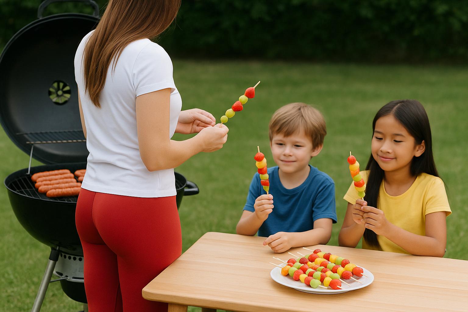 Kobieta przygotowuje owocowe szaszłyki przy grillu ogrodowym, obok siedzi dwoje uśmiechniętych dzieci przy stole, na którym leży talerz z gotowymi szaszłykami. W tle widać grill z kiełbaskami i trawnik.