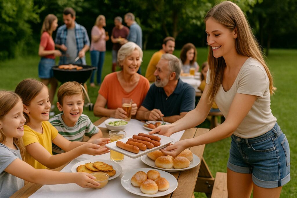 Kobieta podaje dzieciom talerz z małymi kiełbaskami podczas rodzinnego grillowania w ogrodzie. Na stole widać słodkie bułeczki, placki ziemniaczane i sos jabłkowy. W tle dorośli i dzieci rozmawiają, jedzą i spędzają czas w radosnej atmosferze pikniku.