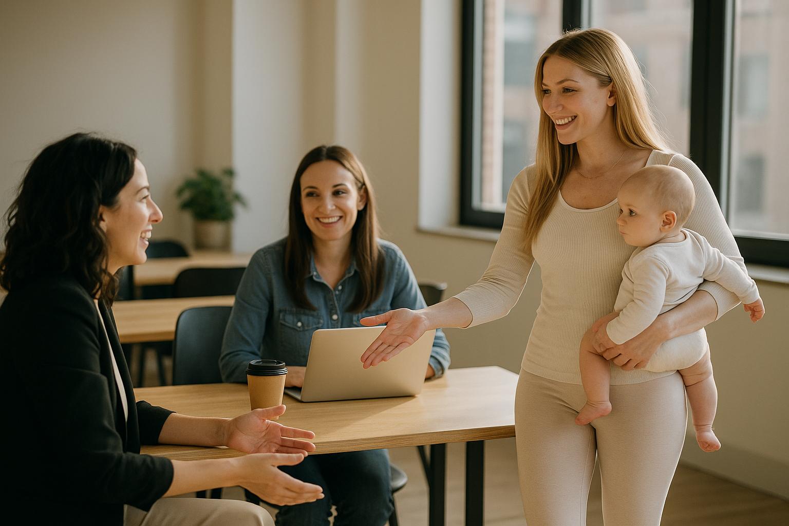 Trzy kobiety rozmawiają w jasnym coworkingowym wnętrzu; blondynka w obcisłych jasnych legginsach trzyma na ręku niemowlę i podaje dłoń jednej z kobiet siedzących przy stole. Obok siedzi trzecia kobieta z laptopem, wszystkie uśmiechnięte, w tle duże okna z widokiem na miasto.