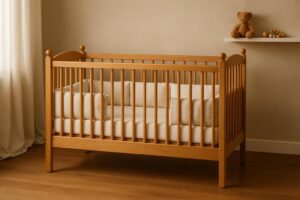Drewniane łóżeczko dziecięce w kolorze naturalnego drewna, ustawione w klimatycznym, jasnym pokoju dziecięcym z delikatnym światłem dziennym, zasłonami i ozdobami w stylu skandynawskim.