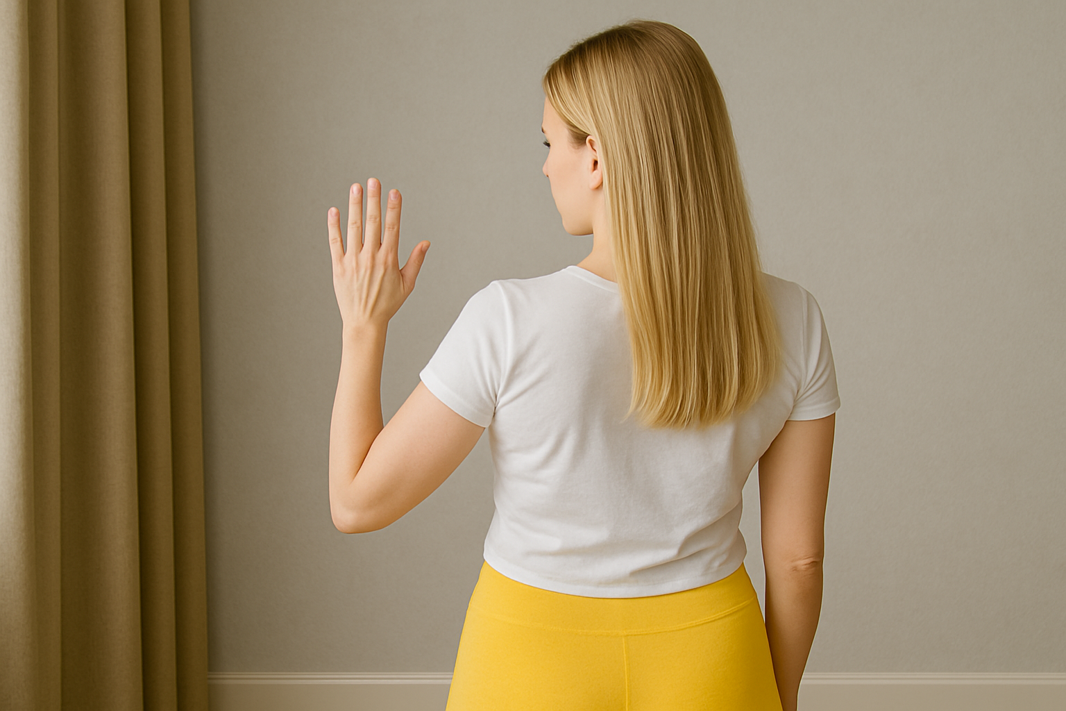 Blondwłosa trzydziestolatka w białej koszulce i żółtych legginsach stoi tyłem przy jasnej ścianie, unosi prawą dłoń i przygląda się paznokciom w naturalnym świetle wpadającym przez zasłonięte okno.