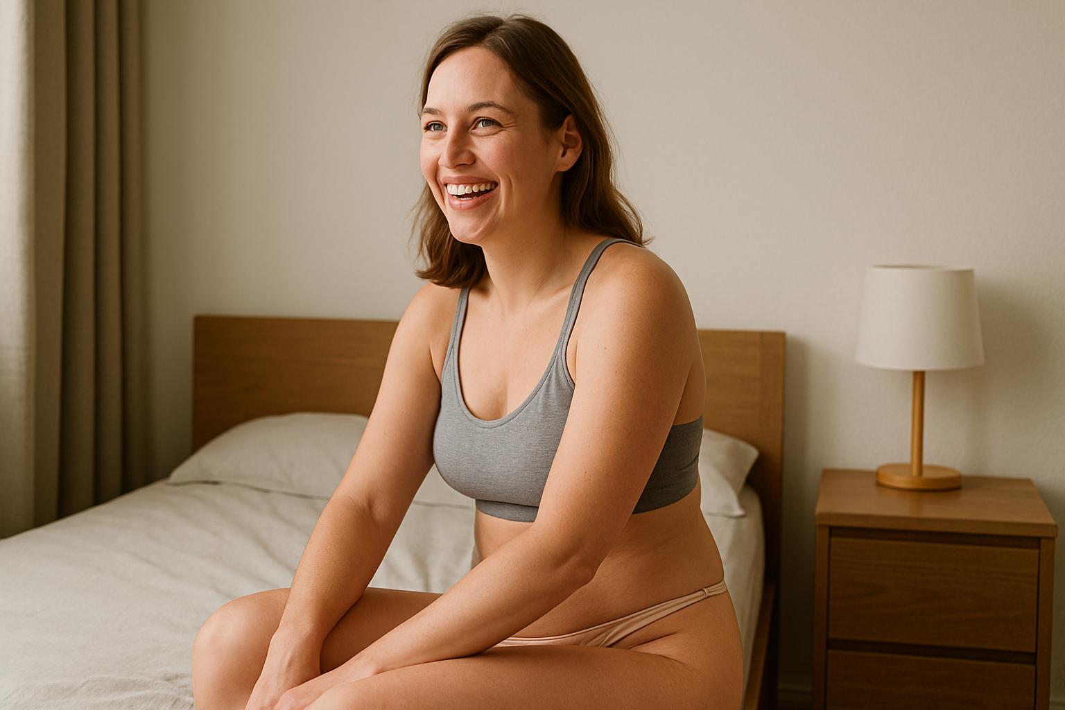 Uśmiechnięta kobieta w wieku około 30 lat, siedząca bokiem na krawędzi łóżka w nowoczesnej sypialni. Ma na sobie szary top typu bralette i beżowe majtki typu thong. Wnętrze jest minimalistyczne, utrzymane w neutralnych barwach, z drewnianą ramą łóżka i lampką nocną.