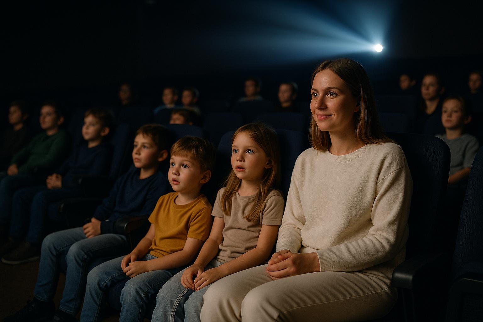 Mama w jasnym swetrze i spodniach siedzi z dwójką dzieci w ciemnej sali kinowej, wszyscy patrzą z zaciekawieniem na ekran, oświetleni niebieskim światłem projektora.