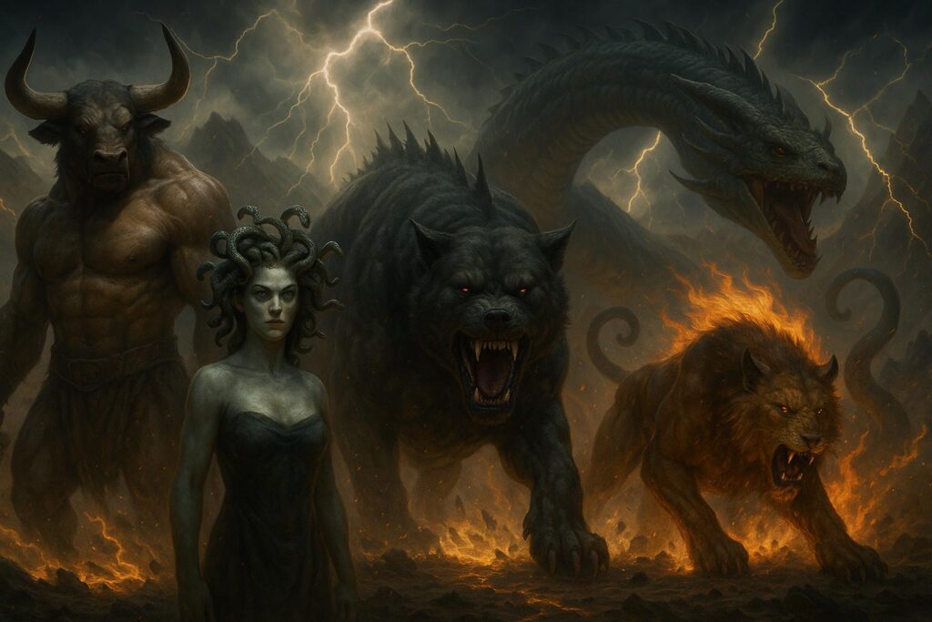 Pięć potworów z mitologii greckiej na tle burzowego, energetycznego krajobrazu: muskularny Minotaur z byczą głową, złowroga Meduza z wężami zamiast włosów, groźny trzygłowy Cerber, wielogłowa Hydra i ognista Chimera z głową lwa i wężowym ogonem.