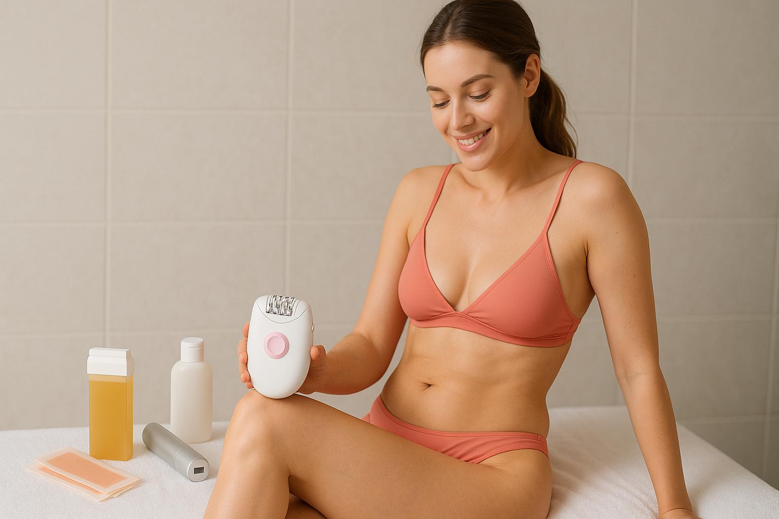 Młoda kobieta w koralowym bikini siedzi na białym ręczniku w jasnej łazience i używa depilatora. Wokół niej leżą akcesoria do depilacji: wosk w rolce, paski do wosku i urządzenie laserowe. Kobieta wygląda na spokojną i skupioną, a cała scena jest estetyczna i utrzymana w ciepłych, naturalnych tonach.