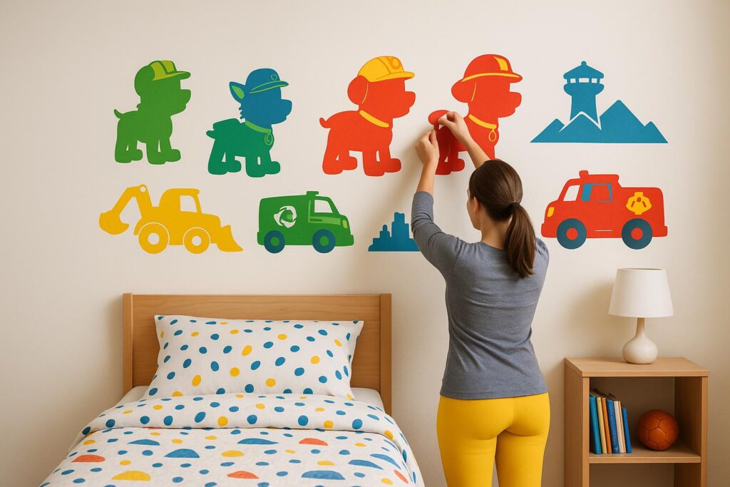Mama w żółtych legginsach i szarej bluzce przykleja naklejki z kolorowymi sylwetkami piesków ratowników na ścianie dziecięcego pokoju. W tle znajduje się łóżko z pościelą w kolorowe kropki, nocna szafka z lampką oraz półka z książkami i pomarańczową piłką. Pokój jest jasny, urządzony w stylu inspirowanym bajką o ratowniczych pieskach.