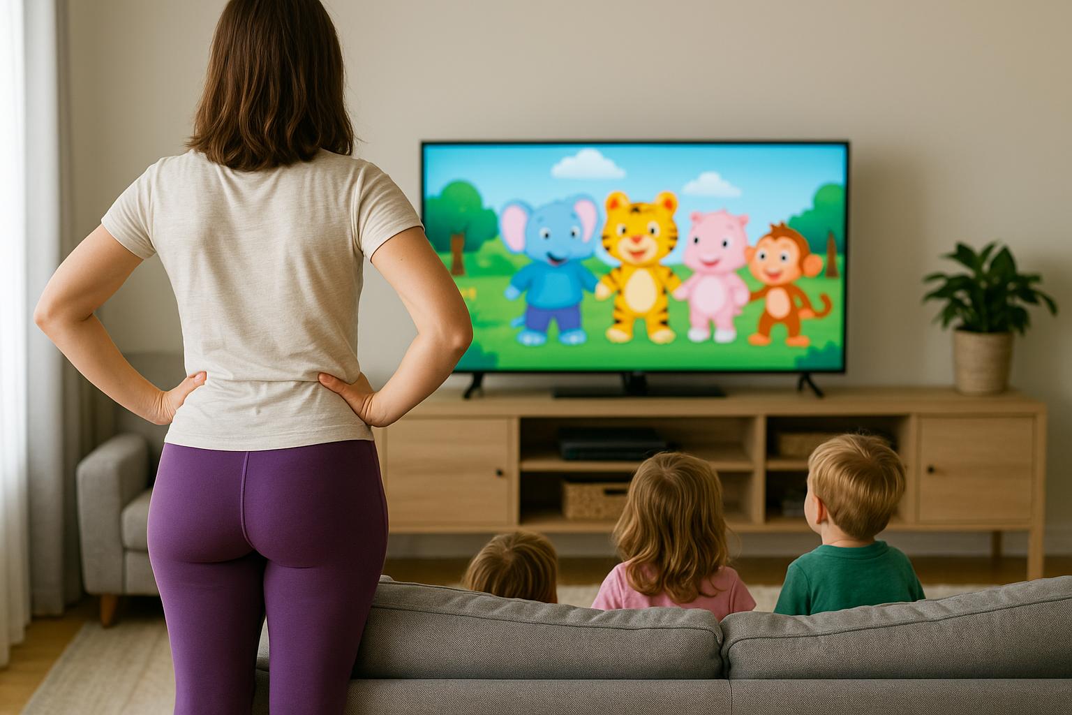 Mama stoi tyłem i obserwuje, jak jej dzieci oglądają bajki w jasnym, przytulnym salonie.