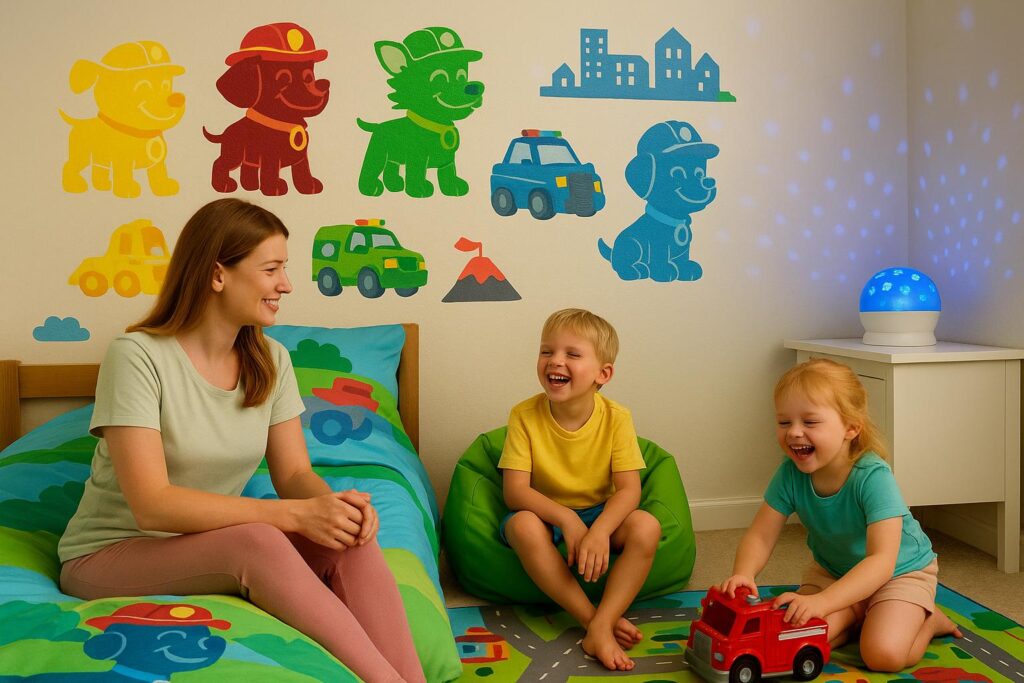 Uśmiechnięta rudowłosa mama siedzi na łóżku w dziecięcym pokoju inspirowanym Psim Patrolem i patrzy na dwójkę roześmianych dzieci. Jedno dziecko siedzi na zielonym sako, drugie bawi się czerwonym wozem strażackim na macie z motywem ulic. W tle świeci projektor LED rzucający niebieskie światełka w kształcie łapek na ścianę.