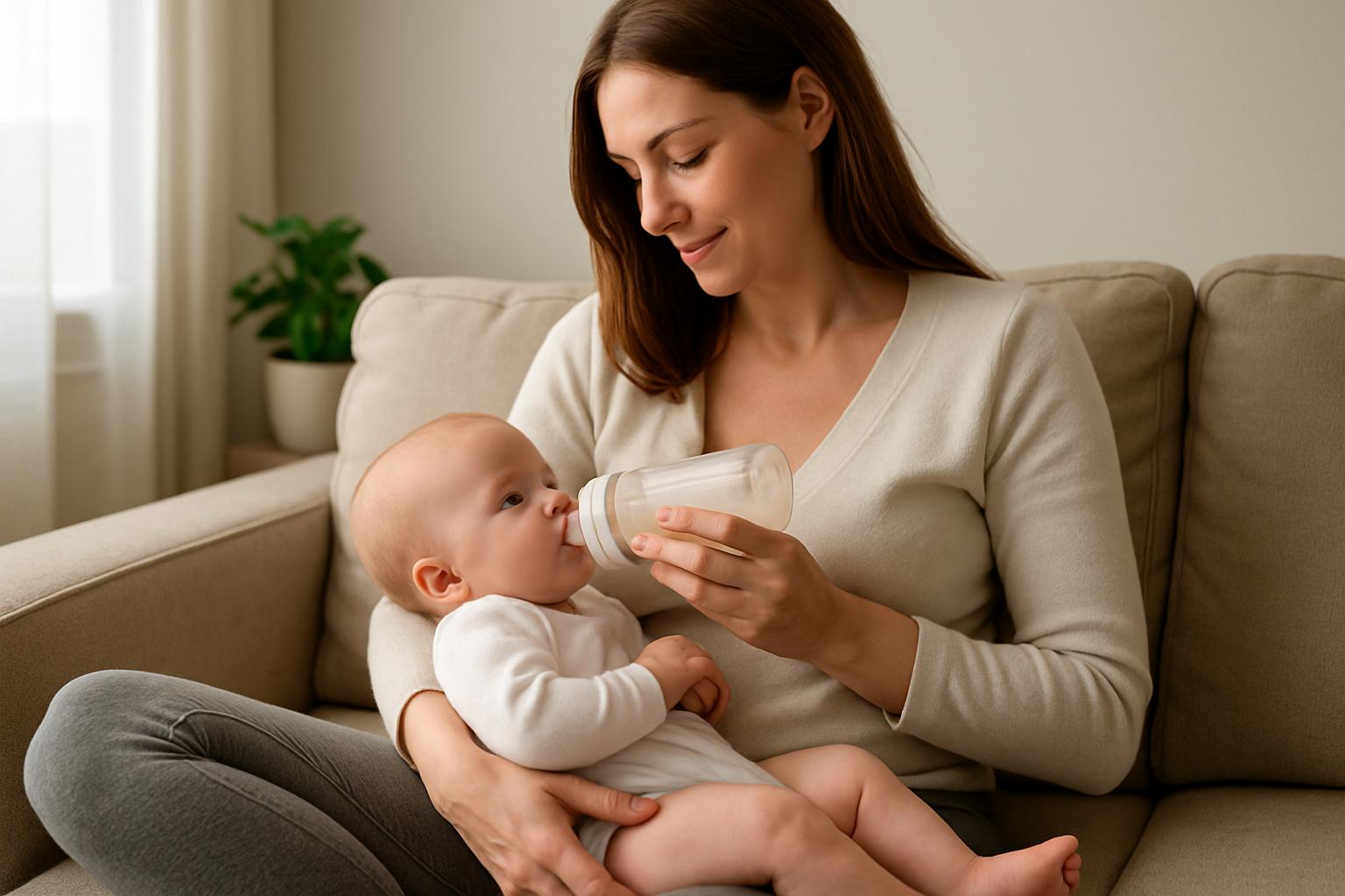 Młoda mama w szarych legginsach siedzi na sofie w przytulnym salonie i karmi swoje niemowlę butelką. Naturalne światło wpada przez okno, tworząc ciepłą, spokojną atmosferę bliskości i troski.