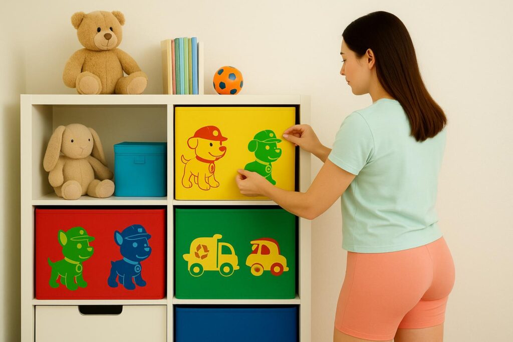 Mama w miętowej koszulce i łososiowych legginsach przykleja kolorowe naklejki z pieskami i pojazdami ratunkowymi na fronty kolorowych szuflad w dziecięcym regale. W tle widać pluszaki, książki i zabawki edukacyjne, a cała scena utrzymana jest w jasnych, przyjaznych barwach.
