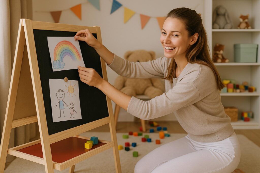 Uśmiechnięta młoda mama w jasnych legginsach przypina dziecięce rysunki do tablicy kredowej w słonecznym pokoju dziecka, otoczona kolorowymi klockami i zabawkami.