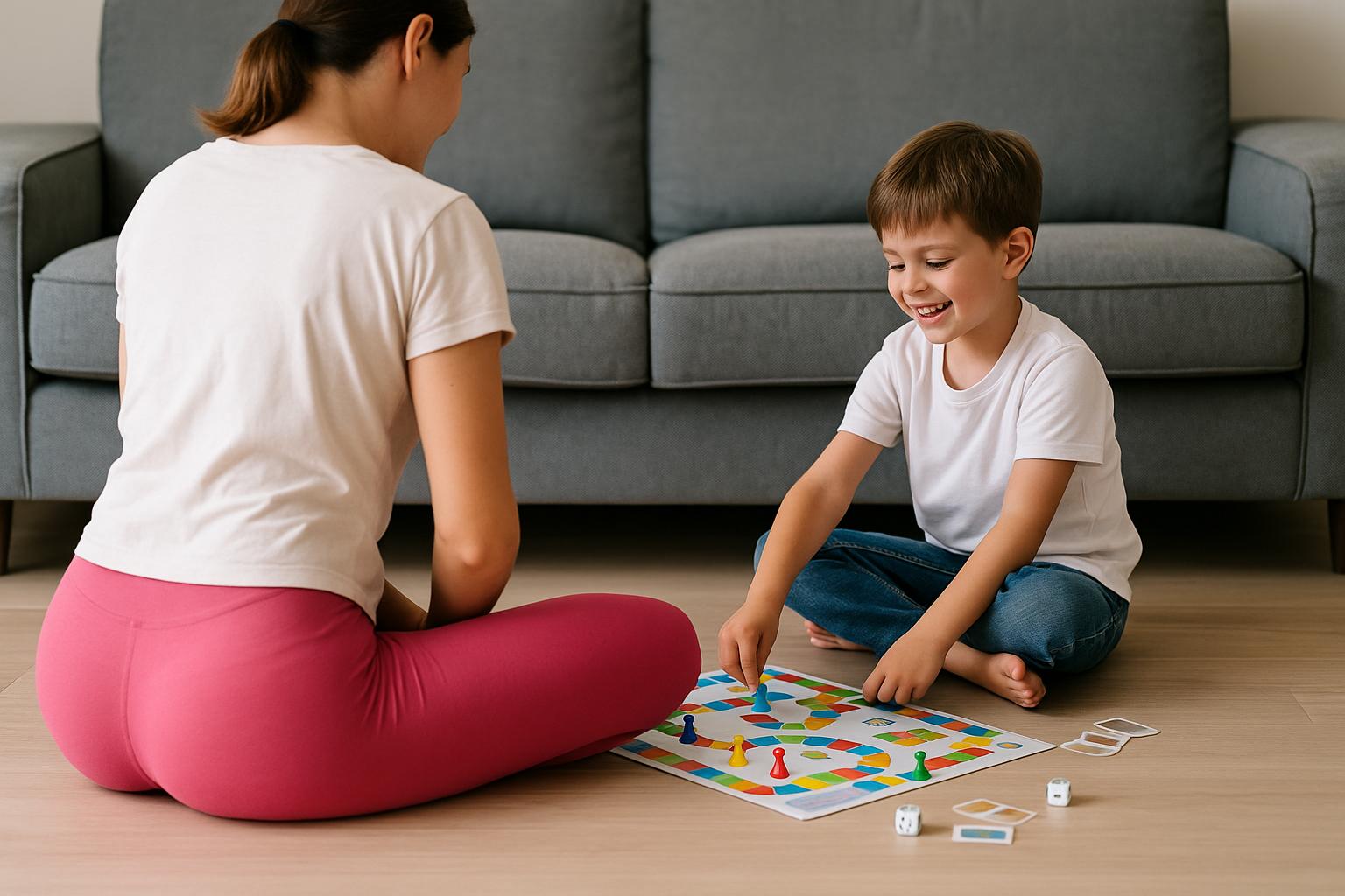 Młoda mama w obcisłych różowych legginsach, widziana od tyłu, gra w planszówkę ze swoim małym synkiem. Oboje siedzą na podłodze w jasnym, przytulnym pokoju, skupieni na kolorowej planszy rozłożonej między nimi.