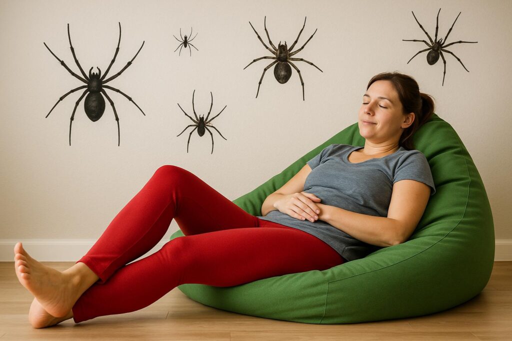 Mama w czerwonych legginsach odpoczywa na zielonej pufie sako, z subtelnymi ilustracjami pająków na ścianie w tle