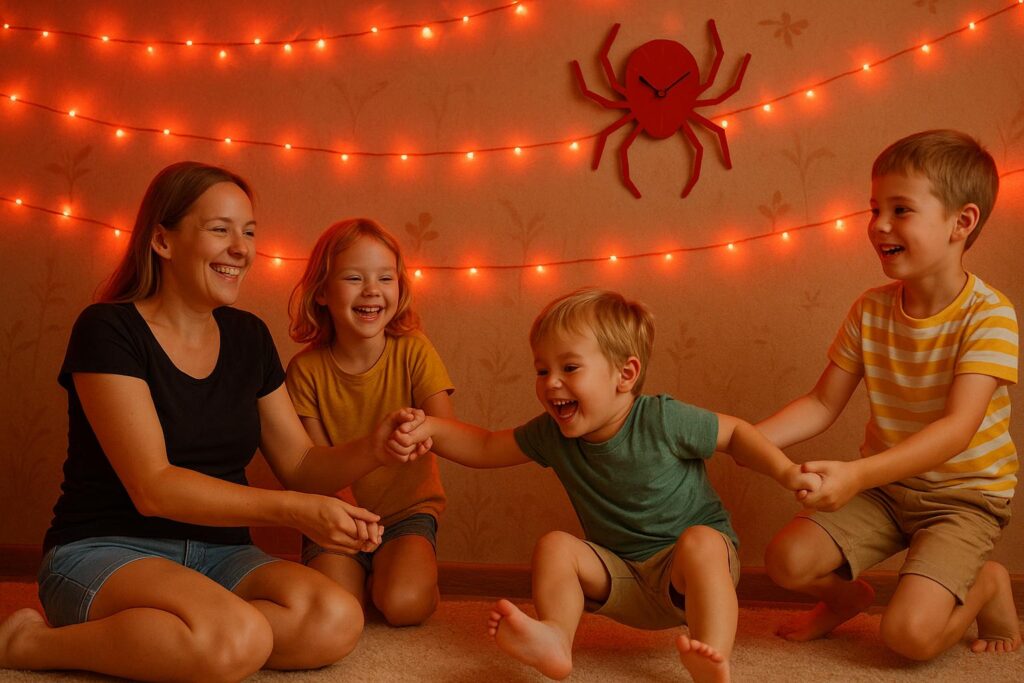 Mama w szortach bawi się z dziećmi w pokoju ozdobionym świecącymi na czerwono girlandami LED. W tle wisi czerwony zegar ścienny w kształcie pająka.