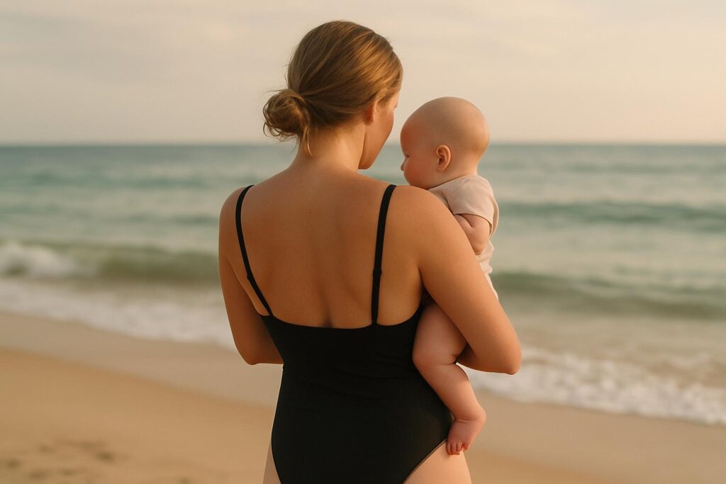 Mama w zwykłym stroju kąpielowym stoi tyłem na piaszczystej plaży, trzymając na rękach niemowlę. Obie postacie są oświetlone ciepłym, miękkim światłem, a w tle widać spokojne morze i jasne niebo. Scena jest delikatna, pełna czułości i spokoju.