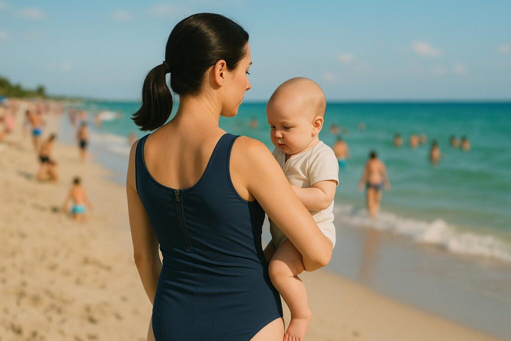 Szczupła brunetka w stroju kąpielowym stoi tyłem na tętniącej życiem plaży, trzymając na rękach niemowlę. W tle widać wielu plażowiczów, parasole, kolorowe ręczniki i jasne morze pod błękitnym niebem. Scena jest pełna słońca, letniej atmosfery i radosnej energii.