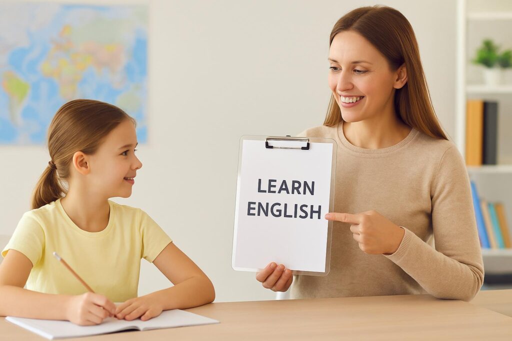 Uśmiechnięta nauczycielka pokazuje planszę z napisem „Learn English”, siedząc obok dziewczynki, która notuje w zeszycie podczas lekcji angielskiego w jasnej sali z mapą świata w tle.