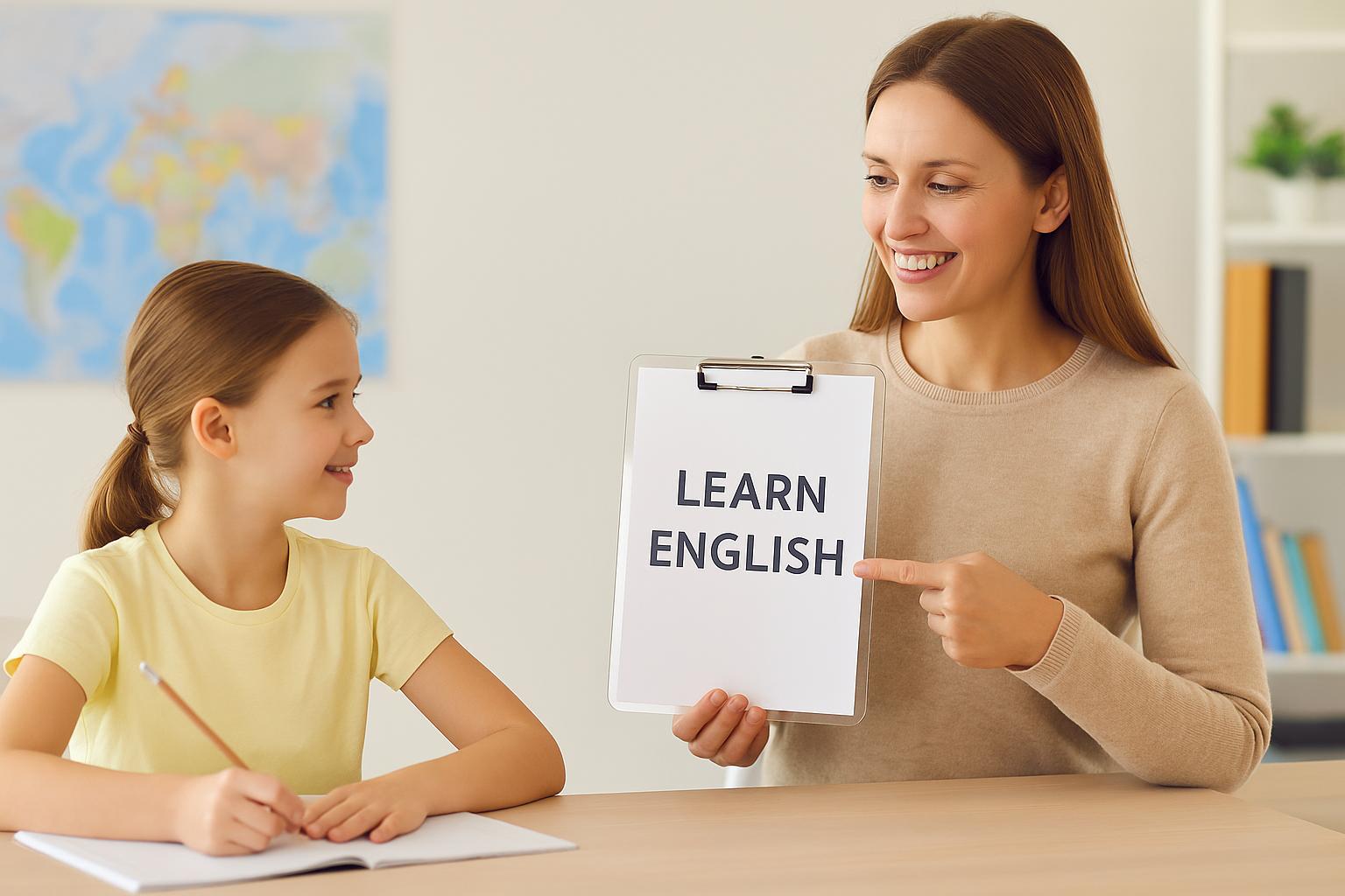 Uśmiechnięta nauczycielka pokazuje planszę z napisem „Learn English”, siedząc obok dziewczynki, która notuje w zeszycie podczas lekcji angielskiego w jasnej sali z mapą świata w tle.