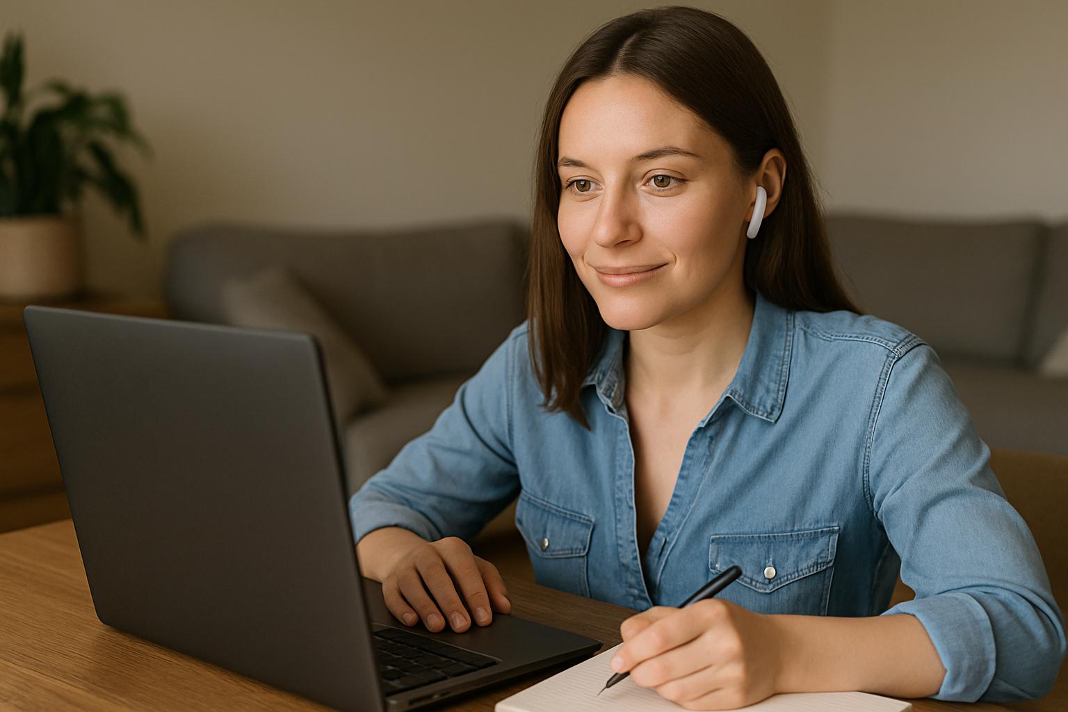 Młoda kobieta z długimi, prostymi brązowymi włosami siedzi przy drewnianym stole w jasnym, przytulnym wnętrzu. Skupiona pisze w zeszycie, a obok stoi otwarty laptop i telefon. Scena oświetlona jest naturalnym światłem, tworząc spokojną i nowoczesną atmosferę nauki.