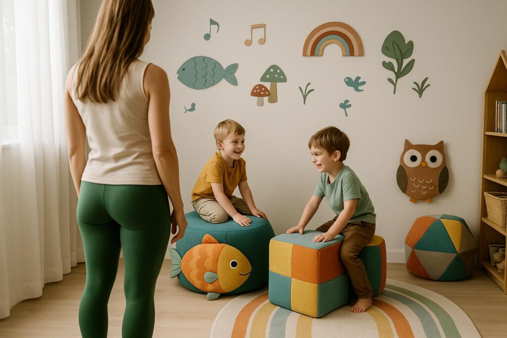 Mama w zielonych legginsach patrzy na dwóch chłopców bawiących się kolorowymi pufami w kształcie ryby i kostki w jasnym, udekorowanym pokoju dziecięcym.
