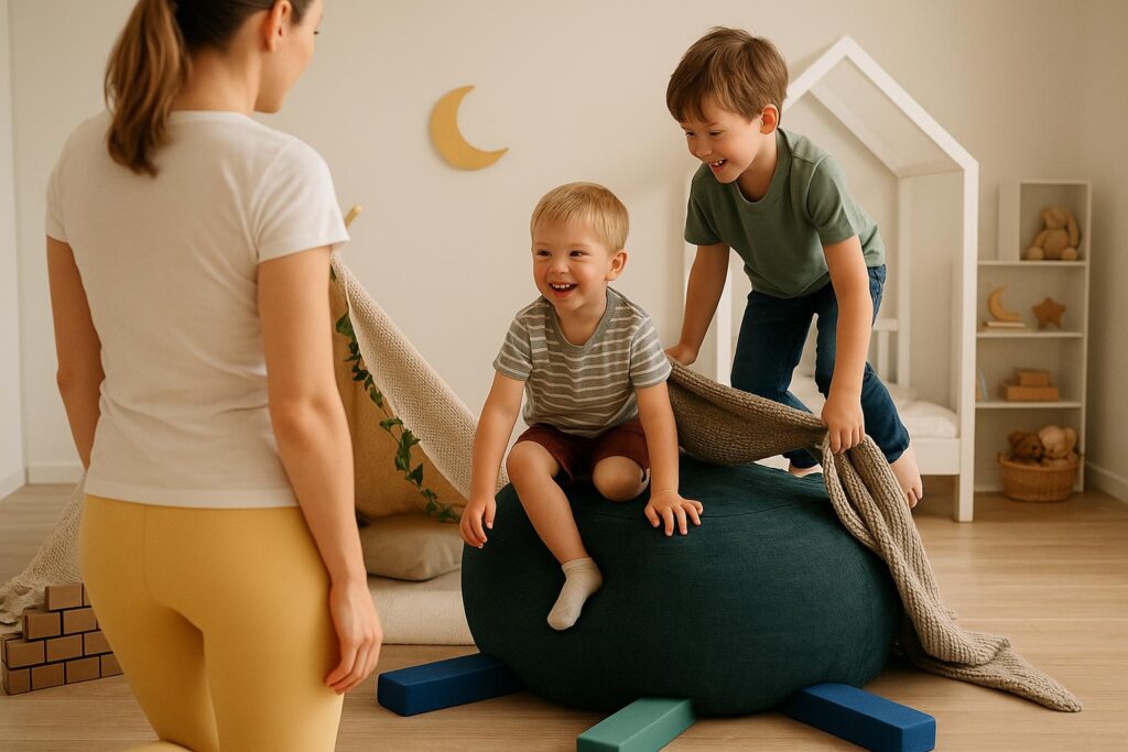 Dwóch chłopców bawi się na ciemnozielonej pufie, tworząc z niej fortecę z koców i klocków; mama patrzy na nich od tyłu w jasnym pokoju dziecięcym.